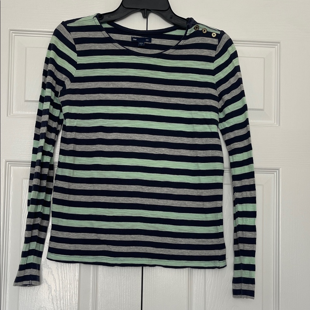 GAP Navy, Mint & Gray Striped Long Sleeve Tee with Shoulder Buttons